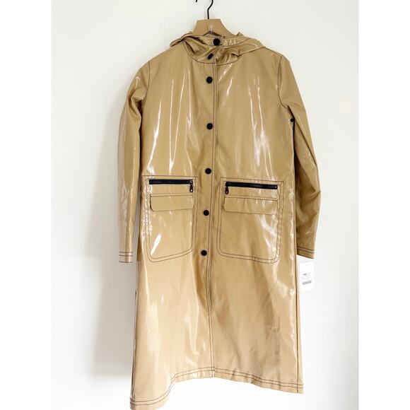 NWT Jane Post Raincoat hooded Rain Slicker in Beige Small Black Tan - Picture 3 of 8